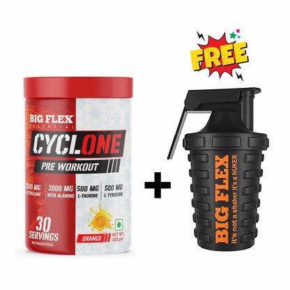 Bigflex Essential Cyclone Pre Workout Powder, | 30 Servings | Energy &amp; Endurance | Strength &amp; Focus | Muscle Pumps | 2500Mg L-Citruline | 2000Mg Beta Alanine | 500mg Taurine | 500mg Tyrosine | 500mg Electrolytes | 250mg Caffeine + Nuker Black 500ml Shaker