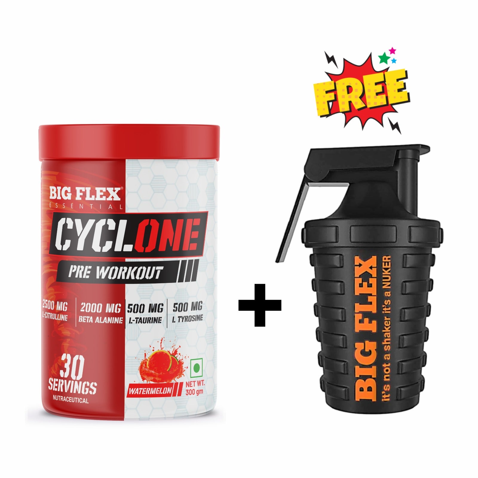 Bigflex Essential Cyclone Pre Workout Powder, | 30 Servings | Energy &amp; Endurance | Strength &amp; Focus | Muscle Pumps | 2500Mg L-Citruline | 2000Mg Beta Alanine | 500mg Taurine | 500mg Tyrosine | 500mg Electrolytes | 250mg Caffeine + Nuker Black 500ml Shaker