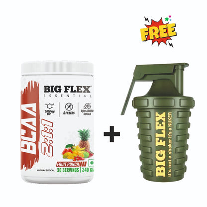 Bigflex Essential BCAA 5000mg 240gm 30 Servings + FREE Bigflex Nuker Military Green 500ml shaker